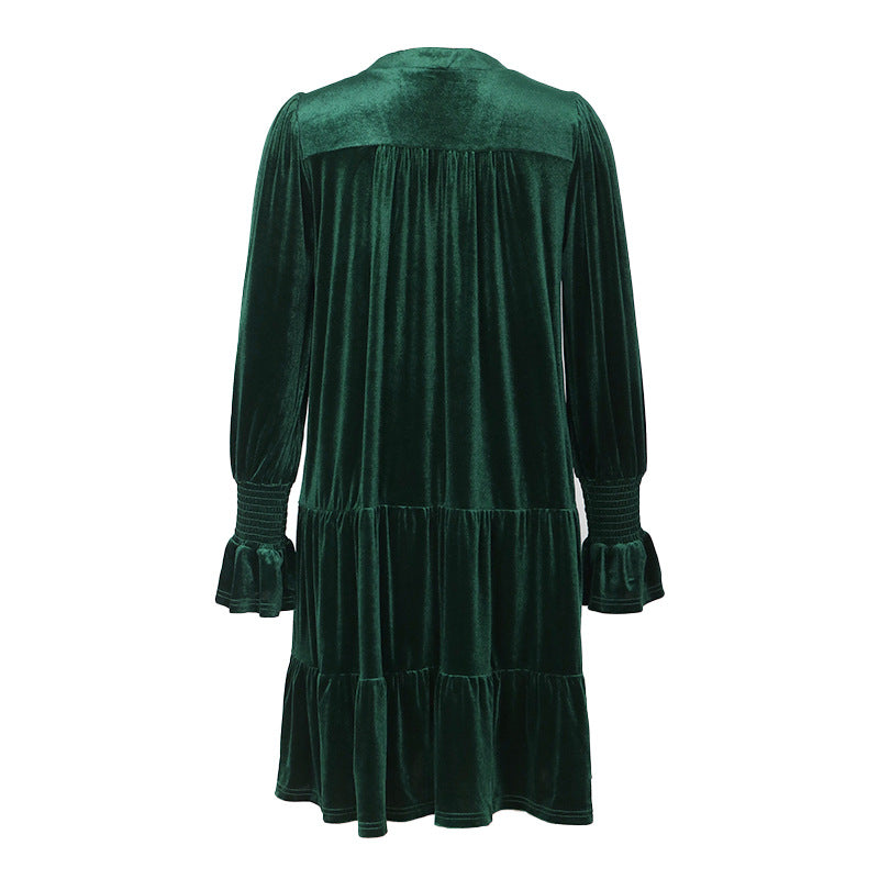 Woemn Long Sleeve Solid Color Velvet Dress