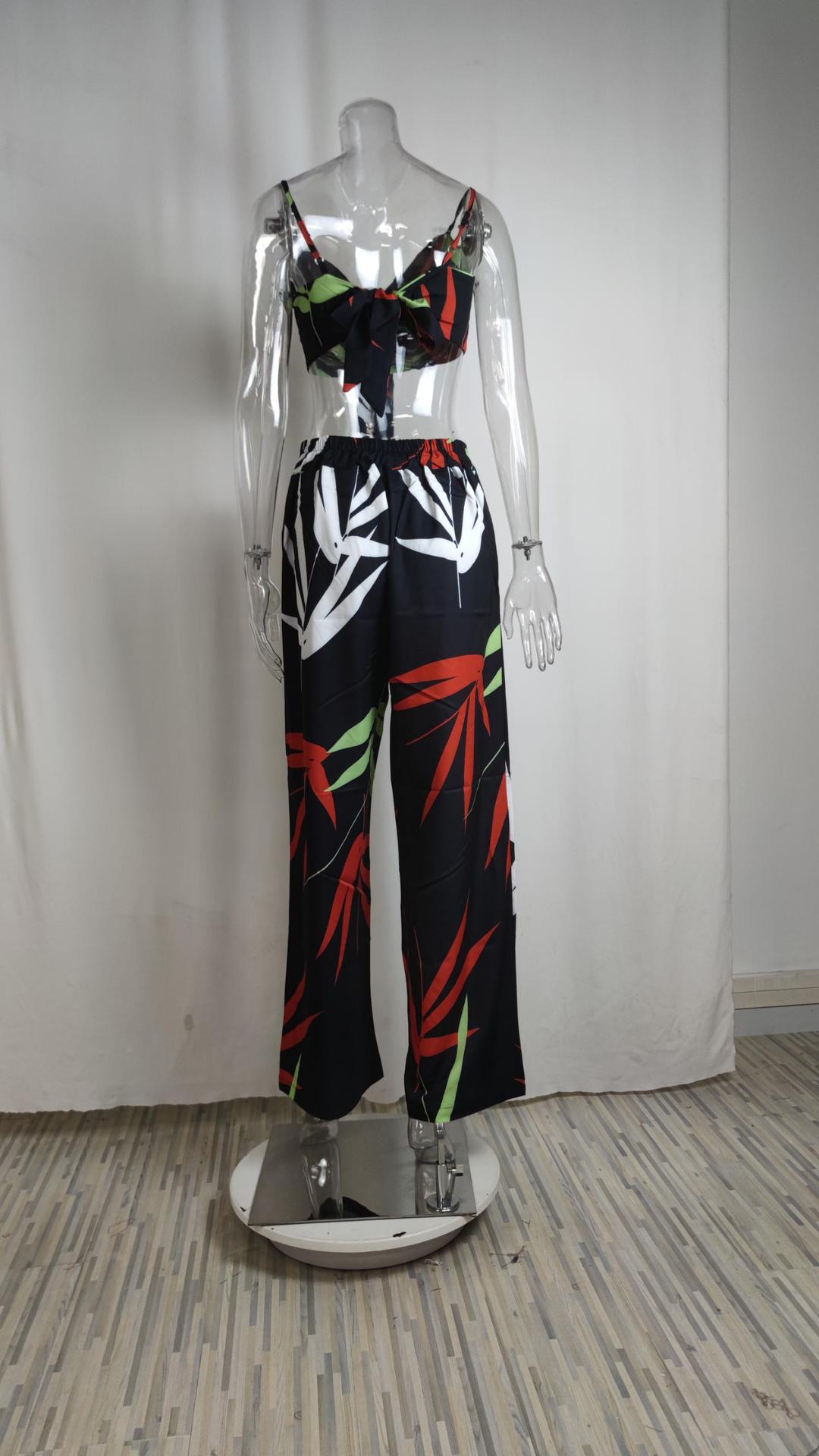 Sexy V-Neck Printed Tank Top Wide Leg Pants Set