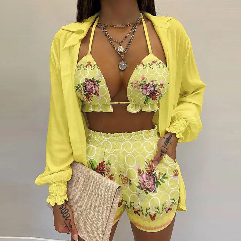 Sexy Beach Vacation Style Printed Shorts Three-piece Set
