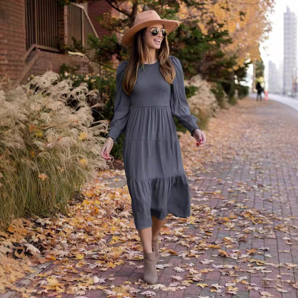 Women Vintage Crew Neck High Waist Roller Dress Lantern Sleeves