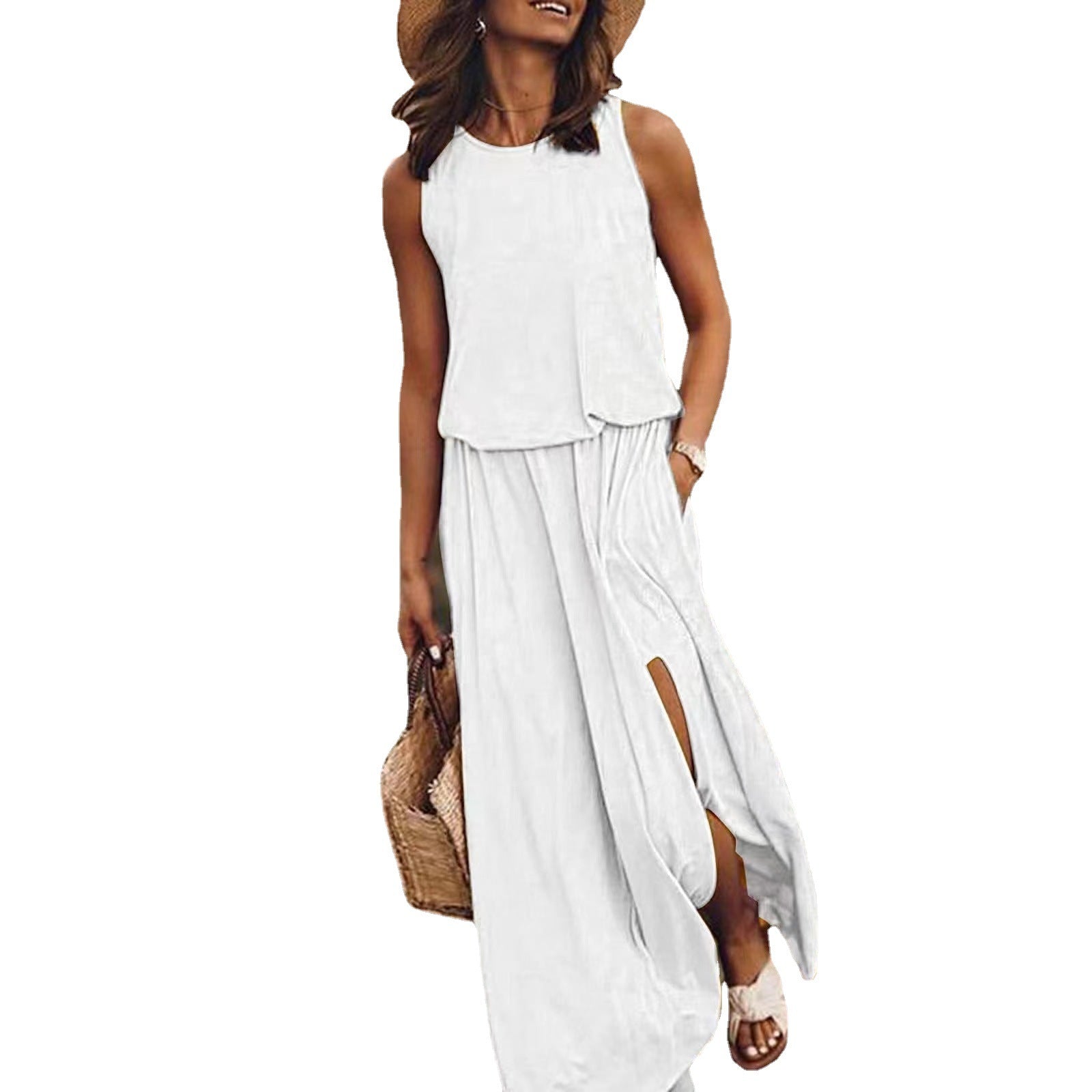 Solid Color Round Neck Sleeveless Lantern Split Dress