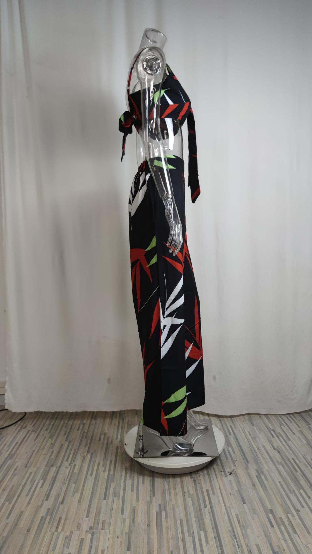 Sexy V-Neck Printed Tank Top Wide Leg Pants Set