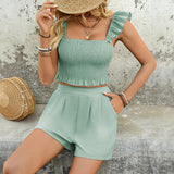 Casual Two-piece Solid Color Short Top Shorts Set Women