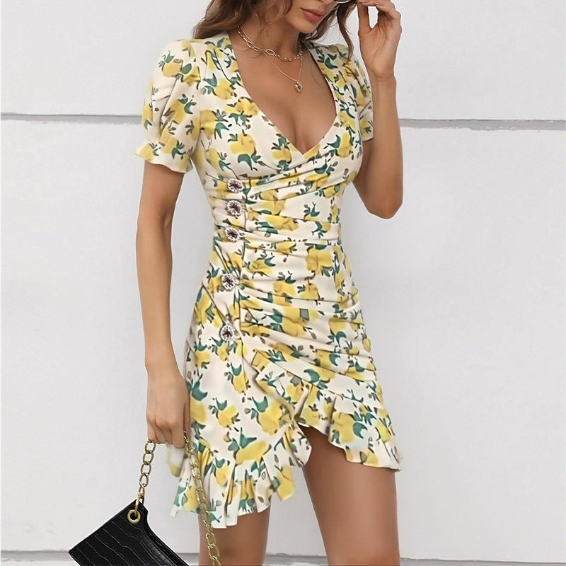 Women's Elegant Floral Ruffle Trim Dress
