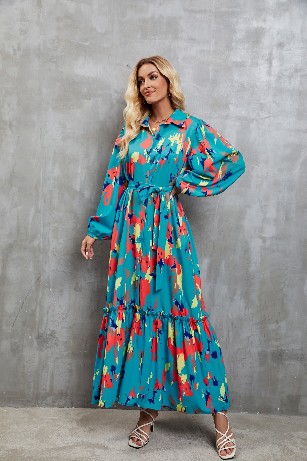 Women Printed Single-Breasted Lace-Up Waist Lantern Sleeve Dress