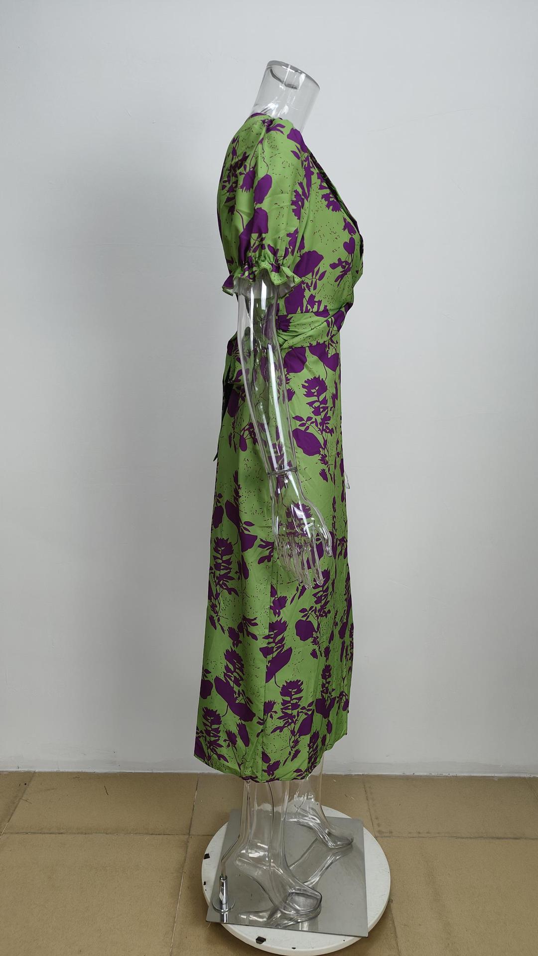 Women's Printed V-Neck Lantern Sleeve Dress