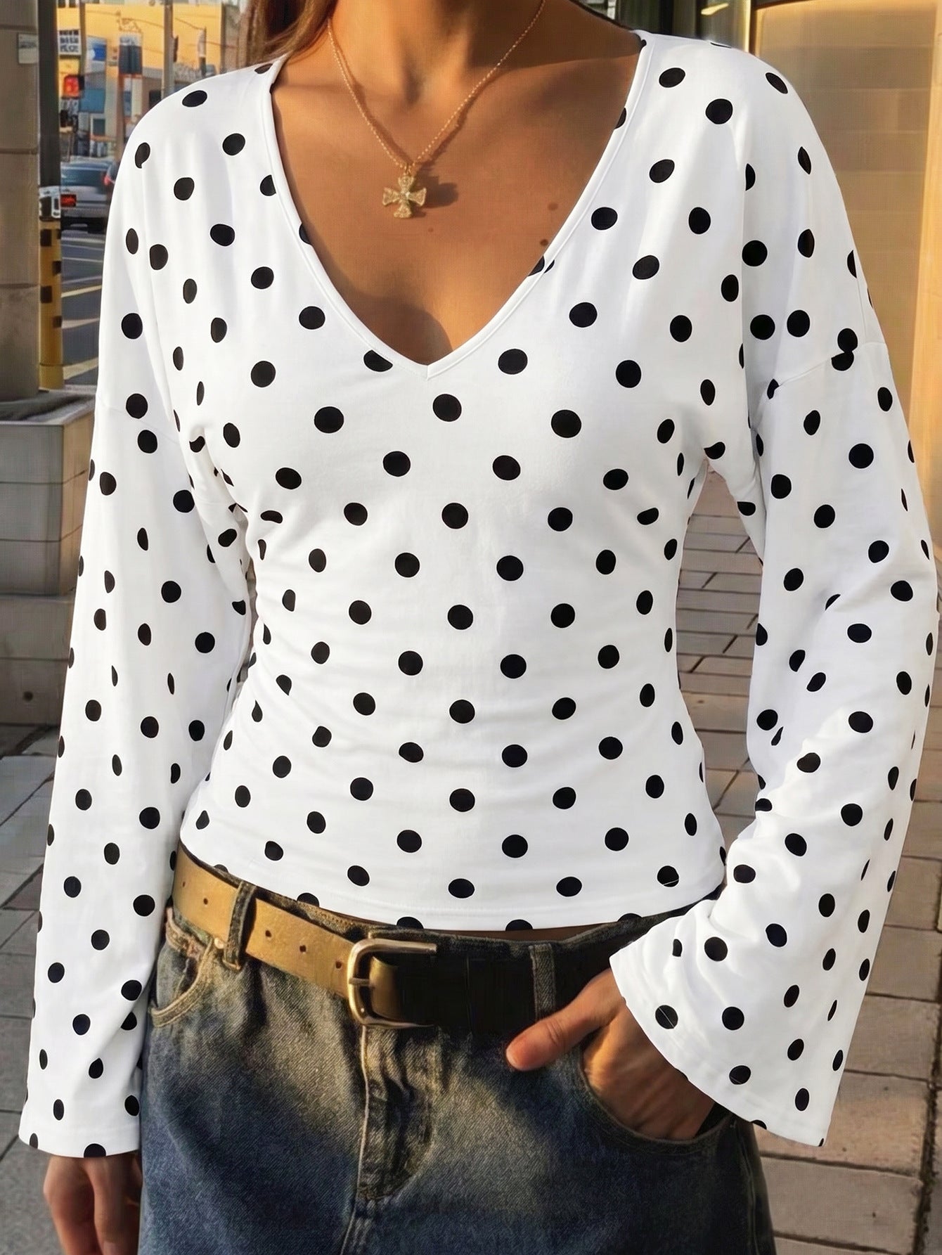 Womens Vintage French Dot V-Neck Top