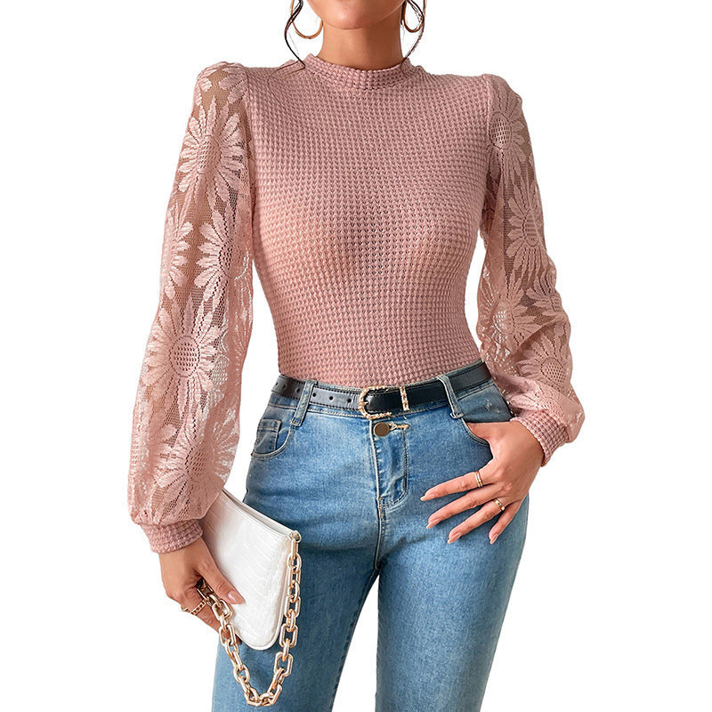 Womens Casual Crochet Top Mesh Lace Long Sleeve Shirts