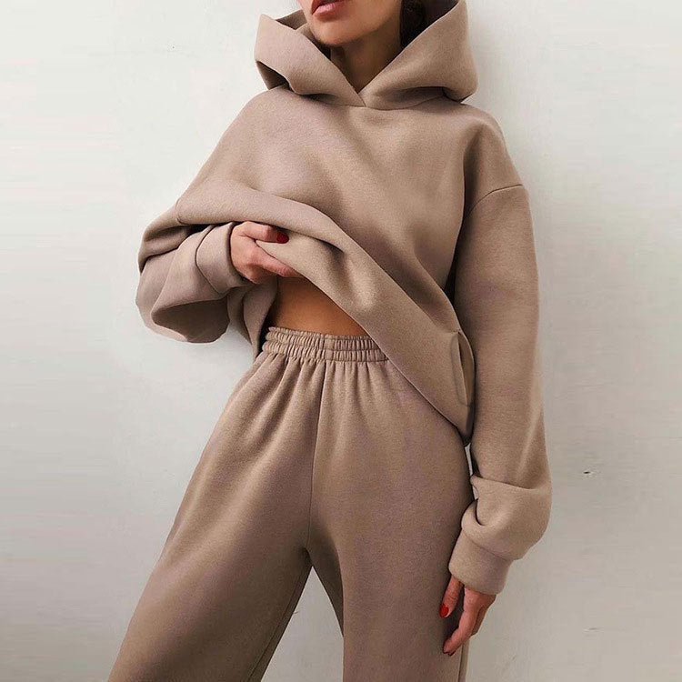 Women Fashion Casual Sports Solid Color Hooded Set
