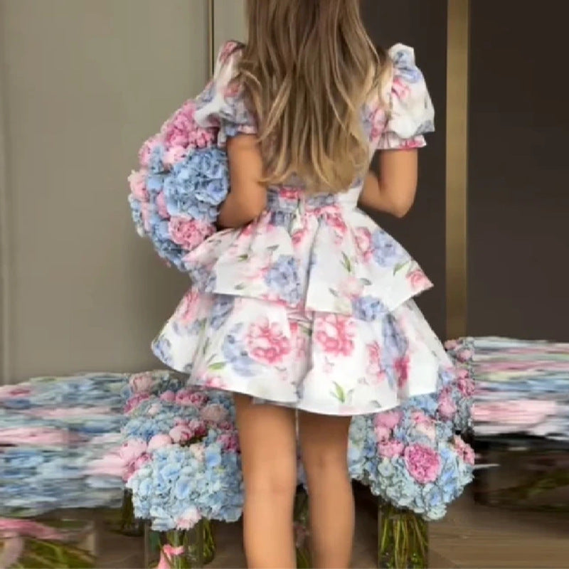Women's Fashion Sexy V-neck Print Ruffle Dress
