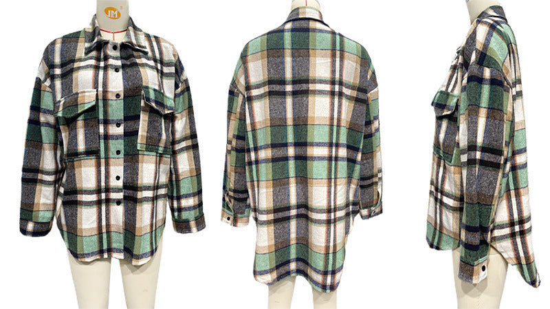 Women Long Sleeve Cardigan Lapel Loose Plaid Wool Shirt Jacket