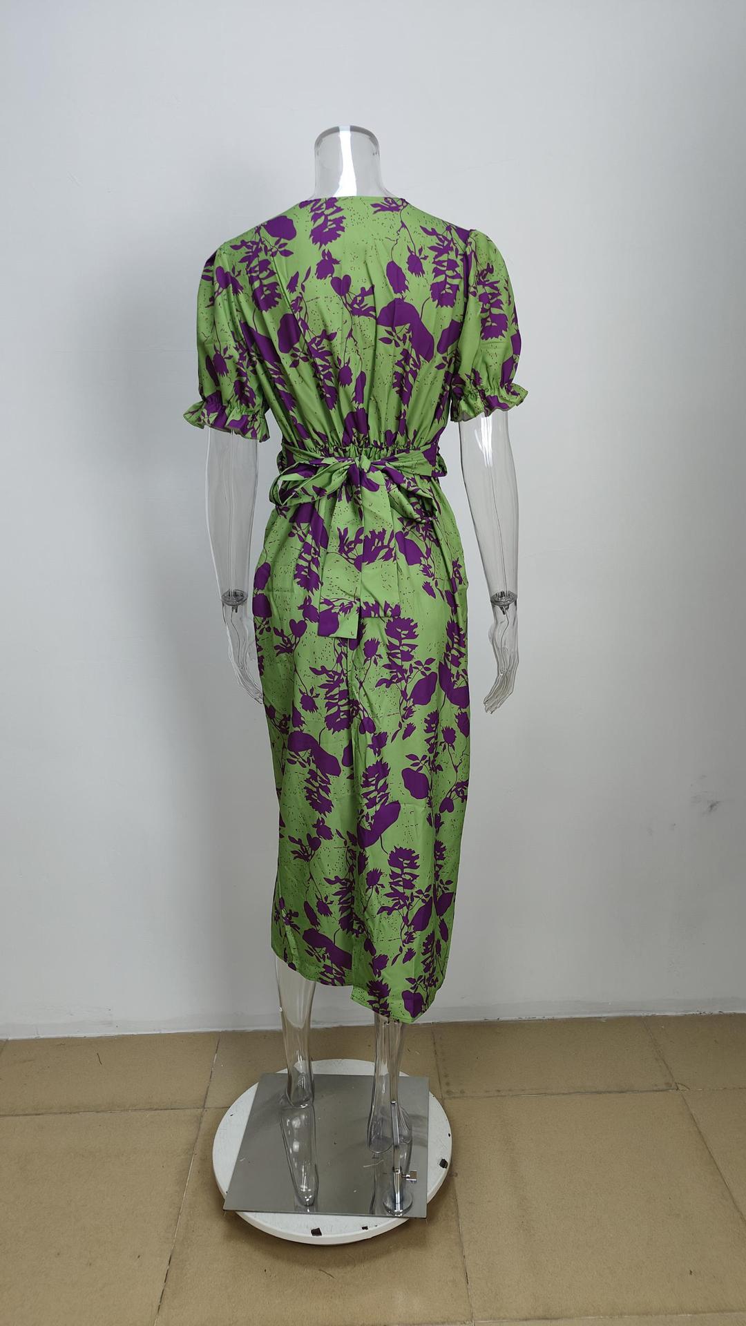 Womens Elegant Printed V-Neck Lantern Sleeve Dress