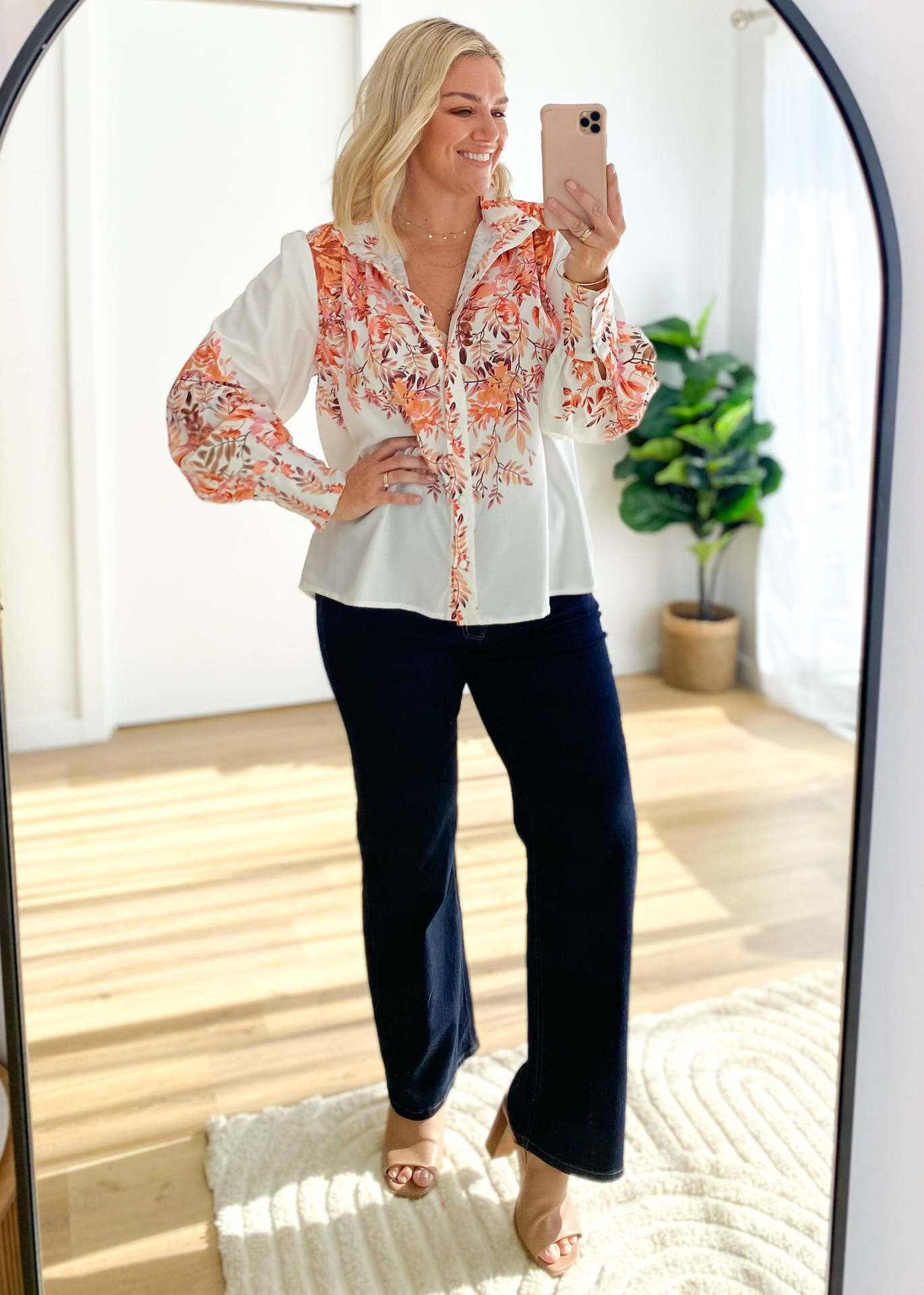 Women's Printed V-Neck Long Sleeve Single-Breasted Blouse