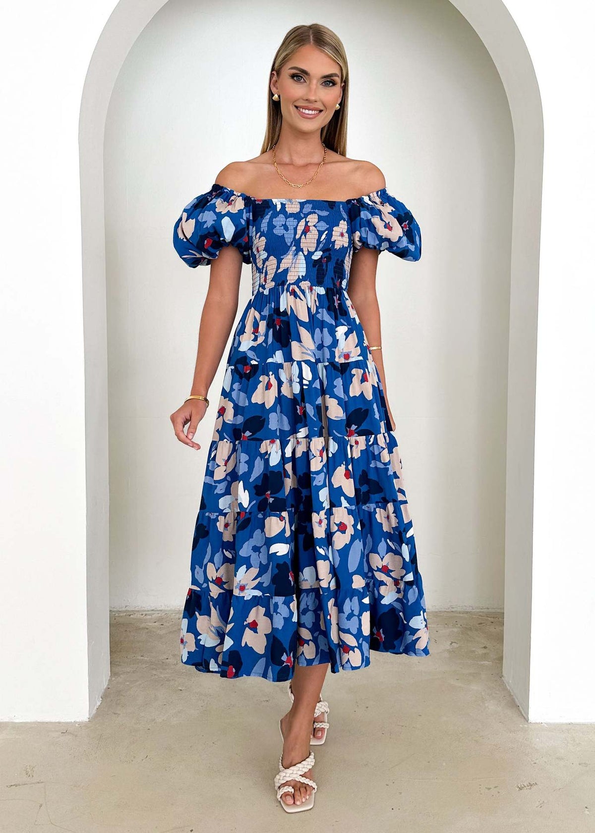 Women Bubble Sleeve Holiday Skinny Long Dress High Waist Shoulder Print Dress