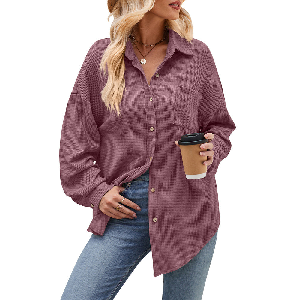 Women's Cross border Casual Loose Pocket Waffle Fashion Shirt Jacket Oversized