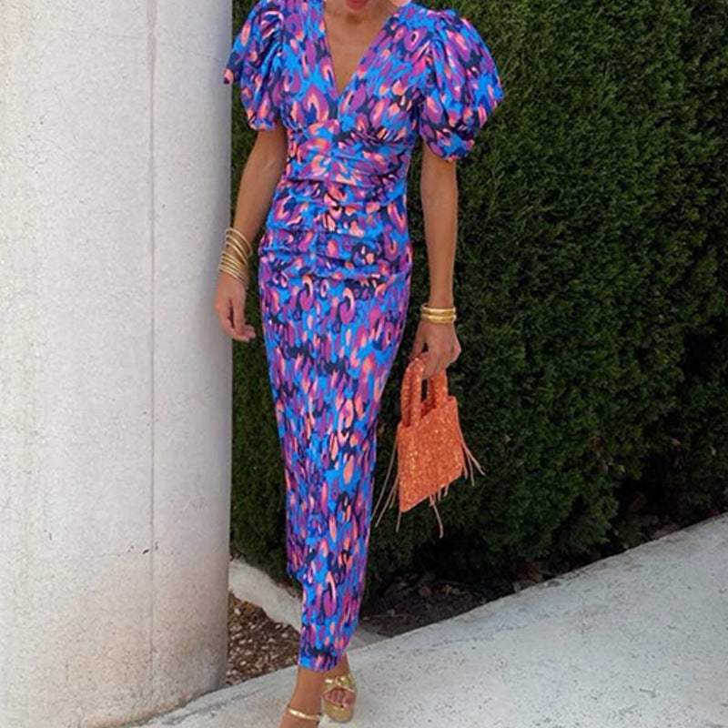 Womens Elegant Printed V-Neck Lantern Sleeve Dress