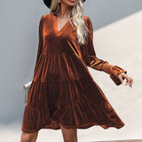 Woemn Long Sleeve Solid Color Velvet Dress