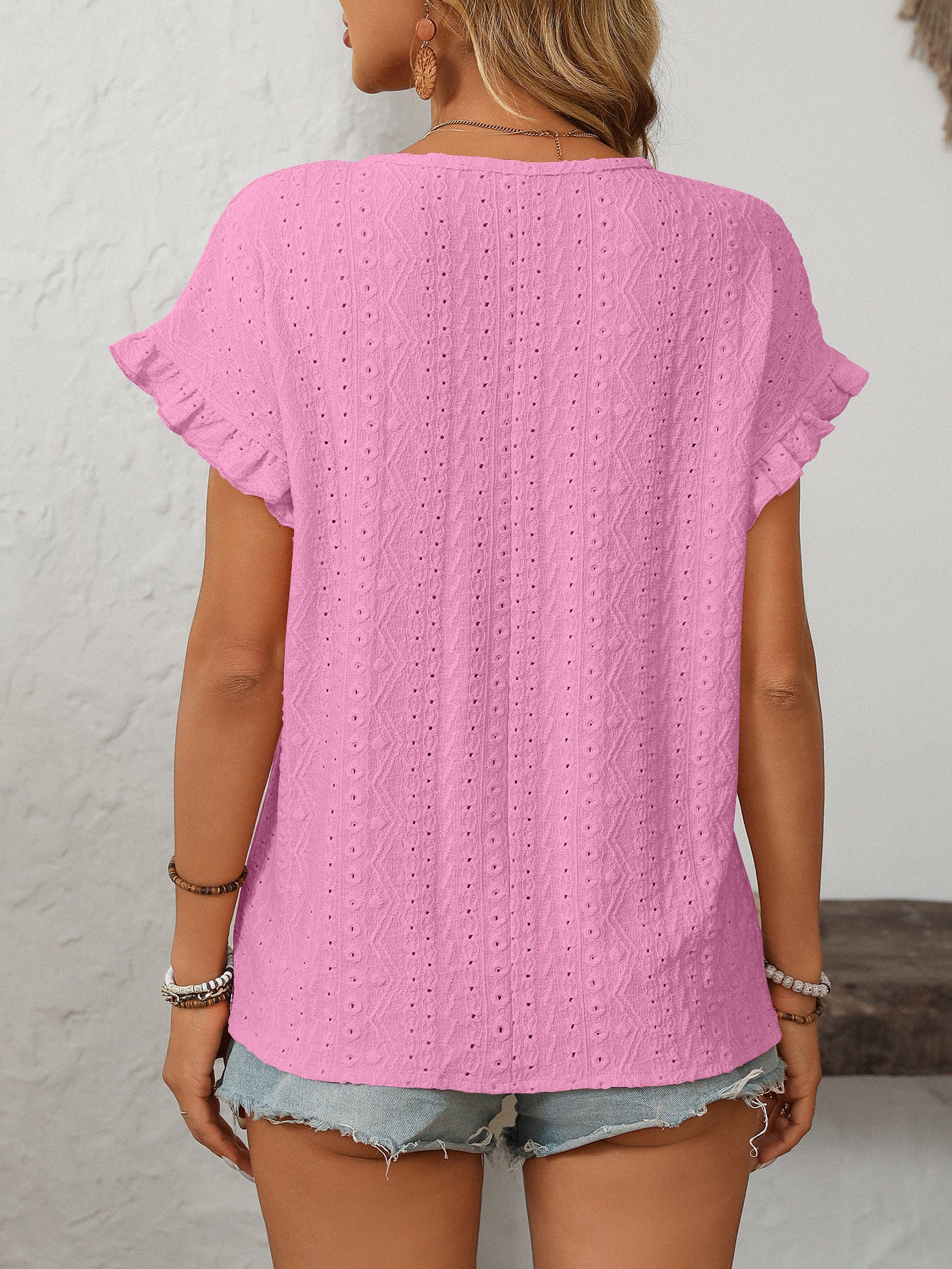 Solid Color Crew Neck Sweet Short-sleeved T-shirt Hollow Top