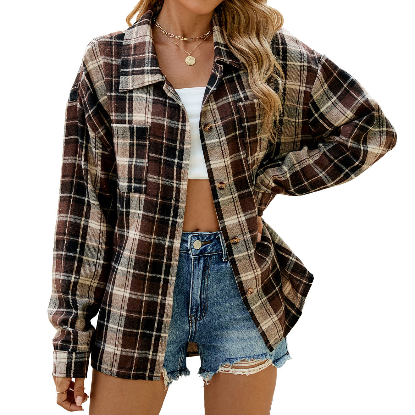Lapel Long Sleeve Pocket Button Plaid Shirt Top Women