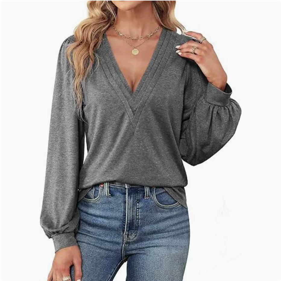 Women's Shirt V-Neck Loose Casual Long Sleeve Top