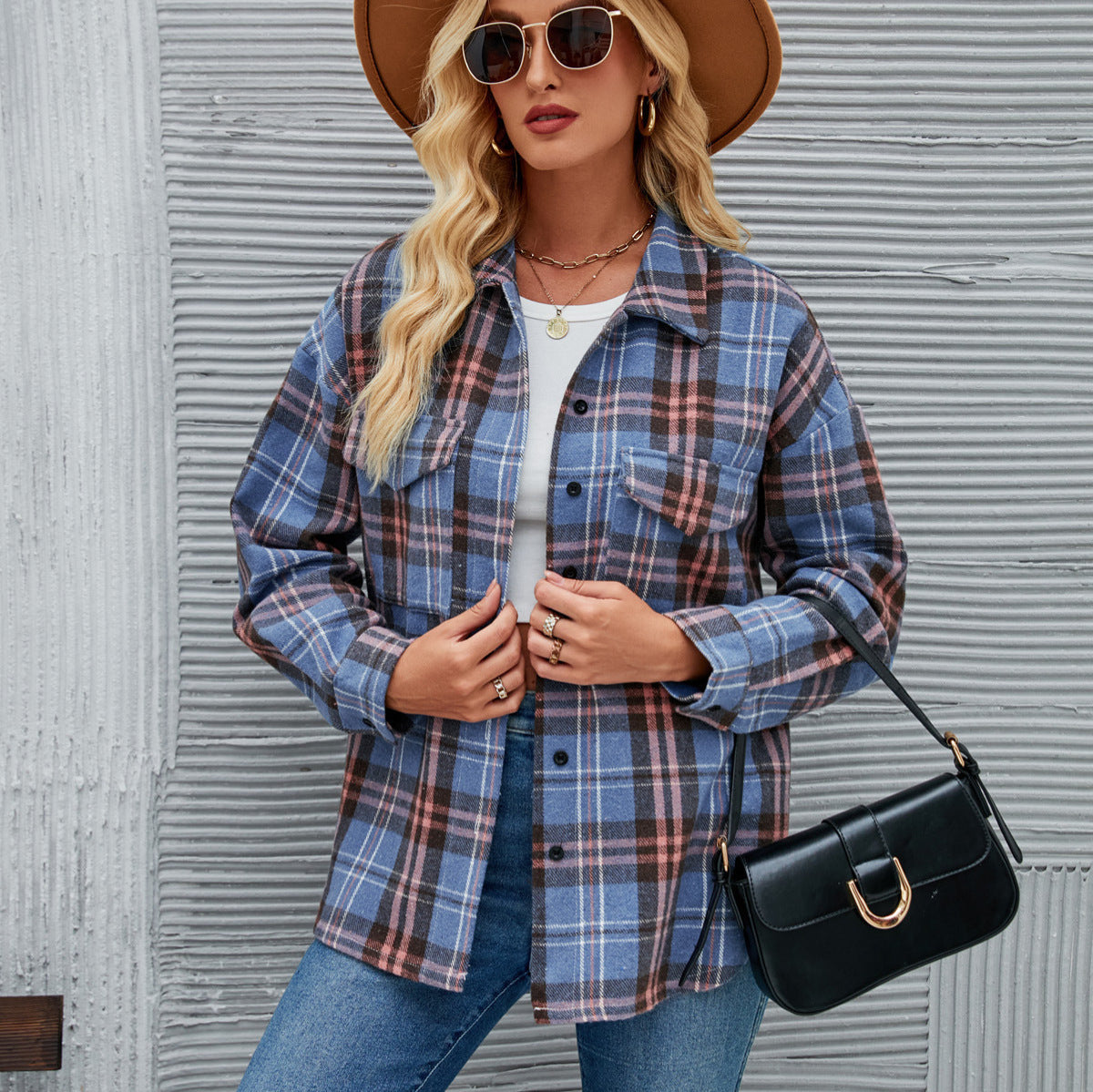 Women Casual Fashion Single-breasted Plaid Loose Wool Jacket