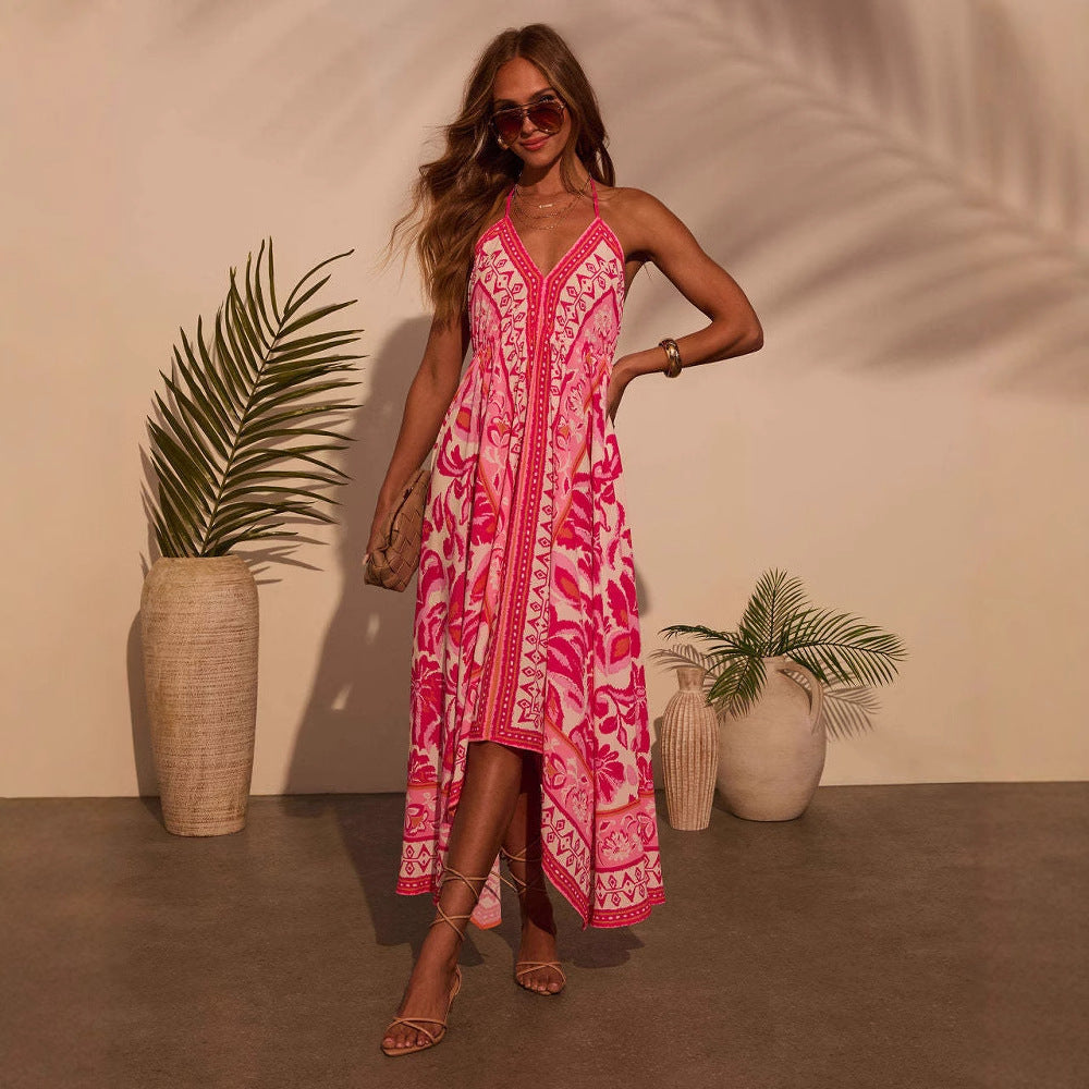 Womens Summer Off-the-shoulder V-neck Print Long Dress Dress