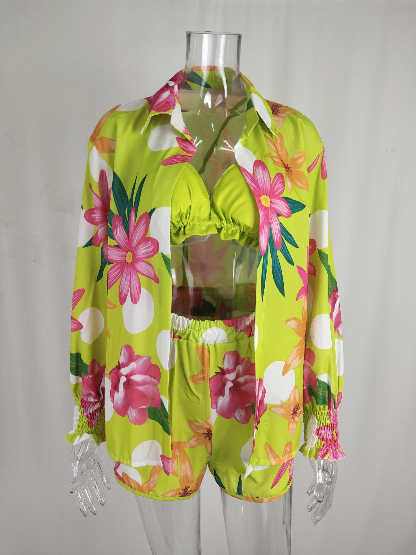 Women Sexy Beach Resort Style Print Shorts Three-piece Set