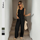 Women's Loose Sleeveless Solid Color Pocket Button Jumpsuit