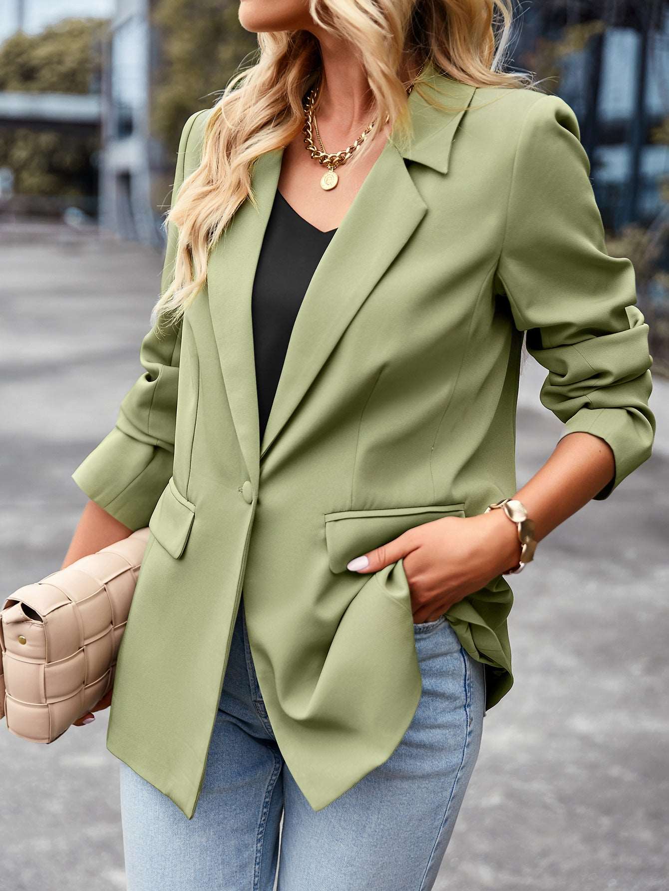 Women's casual suit outer sleeve buttons lapel jacket