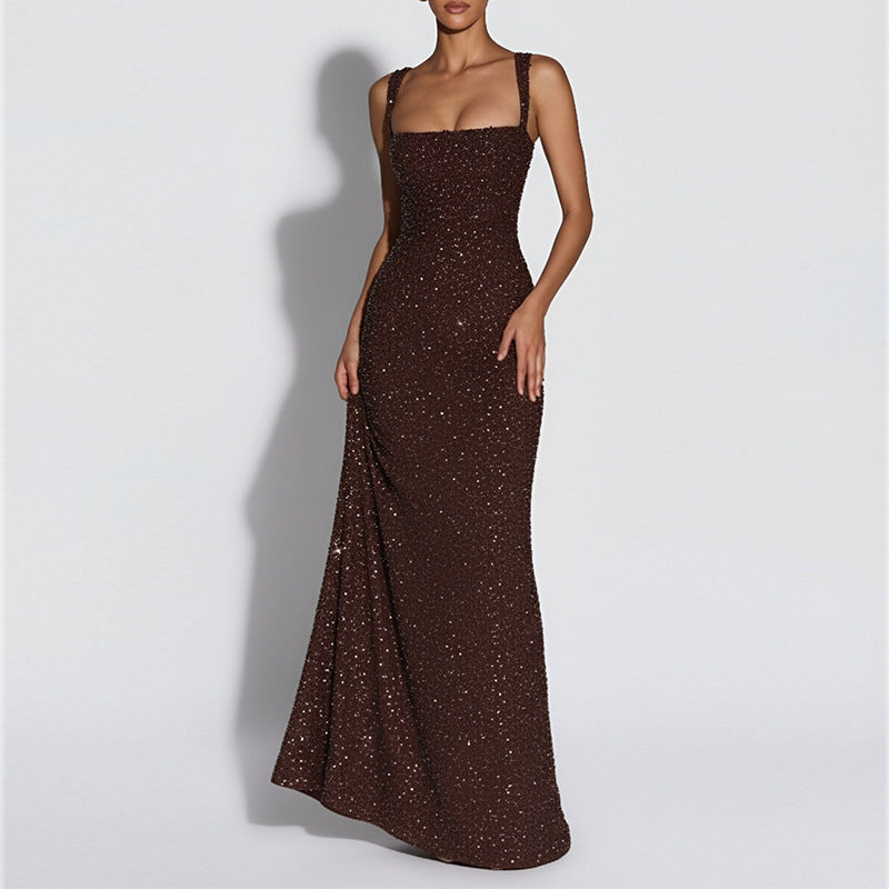 Women Elegant Sexy Square Neck Sequin Slim Fit Dress