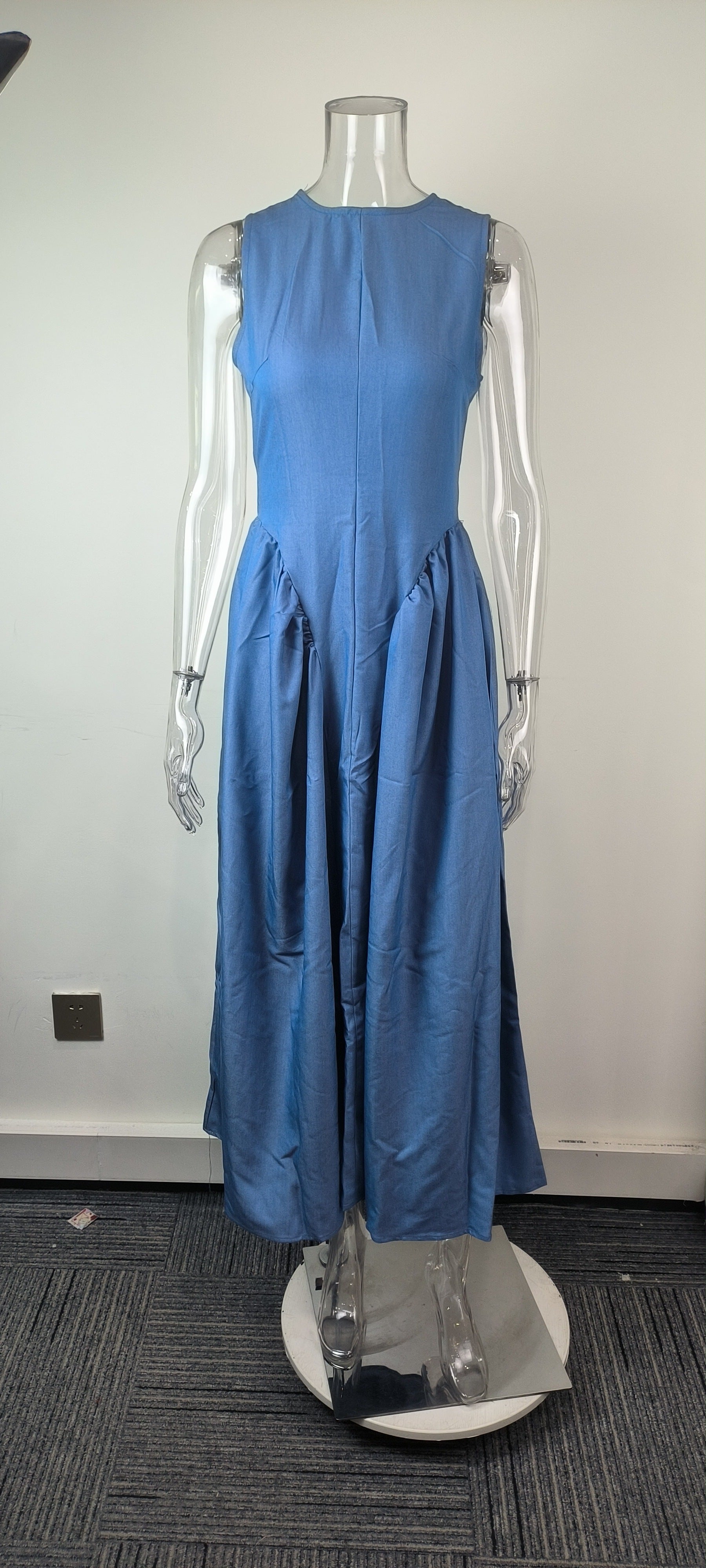 Women's Fashion Solid Color Crew Neck Waist Dress