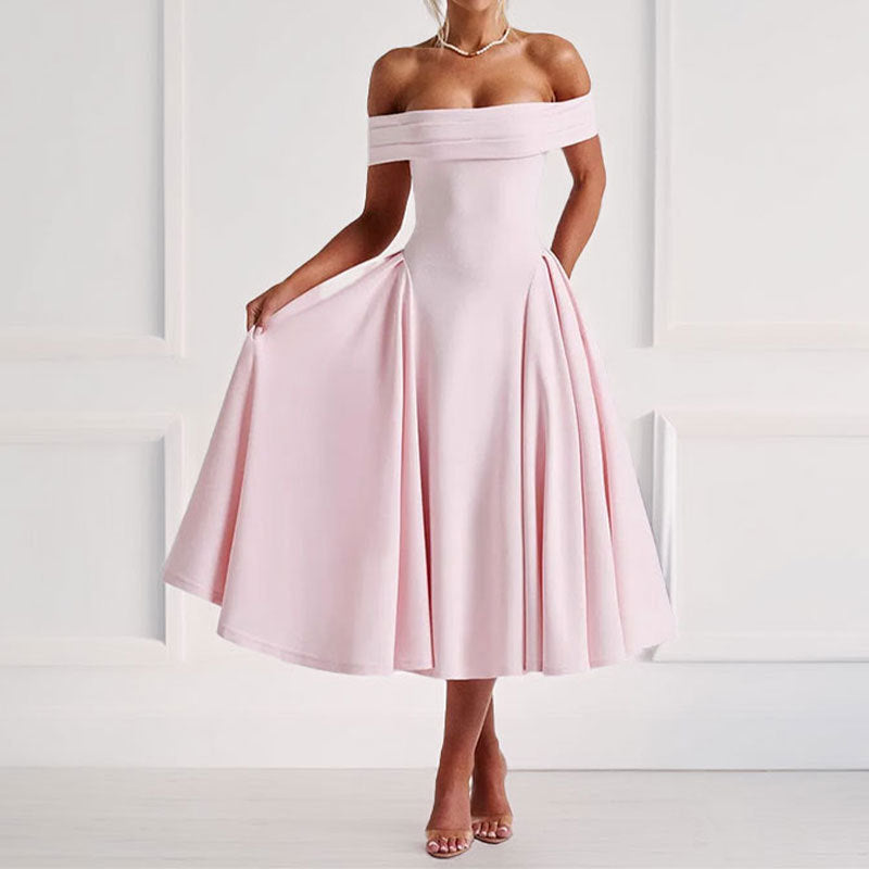 Women Casual Elegant Solid Color Off-Shoulder Dress Long Dress