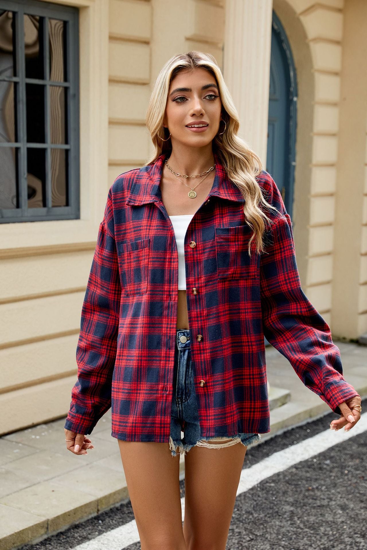Lapel Long Sleeve Pocket Button Plaid Shirt Top Women