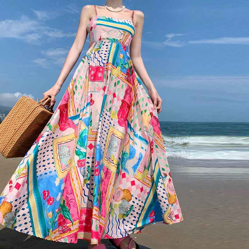 Elegant Printed High Waist Suspender Dress Long Dress