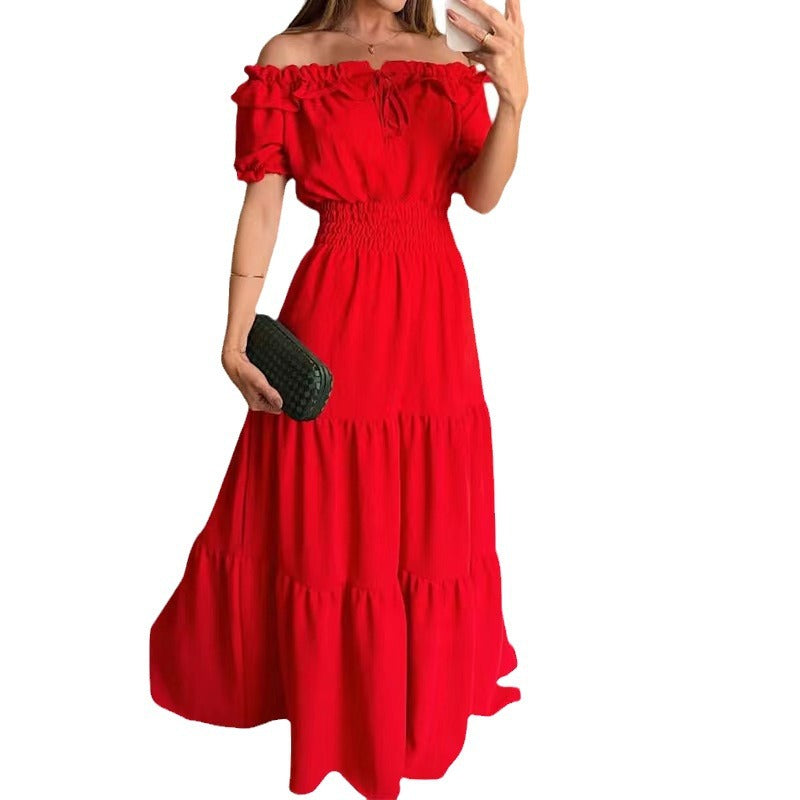 Solid Color Strappy Tube Top Bubble Sleeve Swing Dress