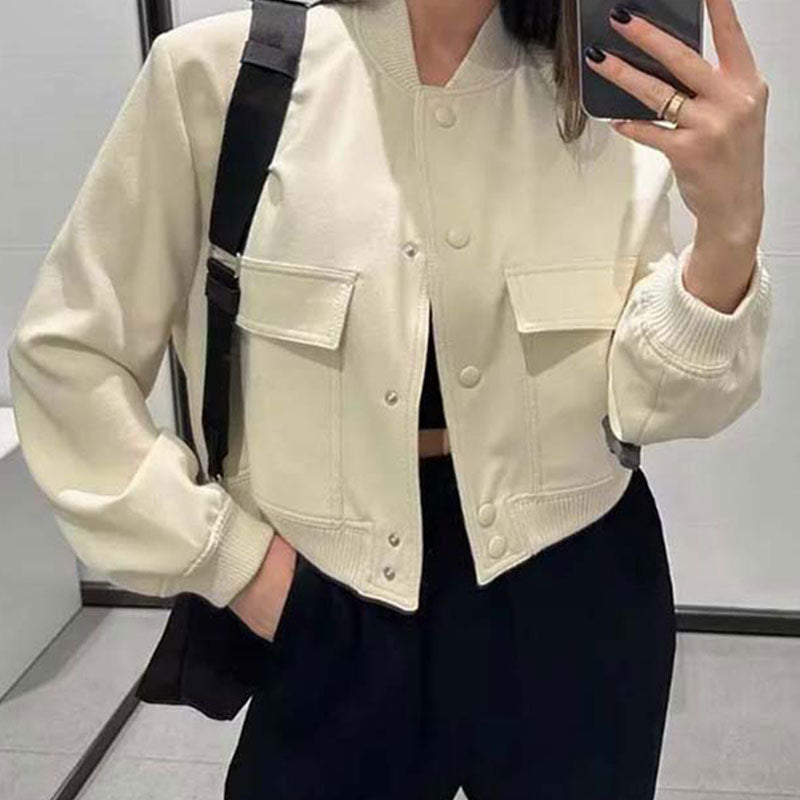 Women's Elegant Casual Stand-Up Collar Solid Pocket Jacket
