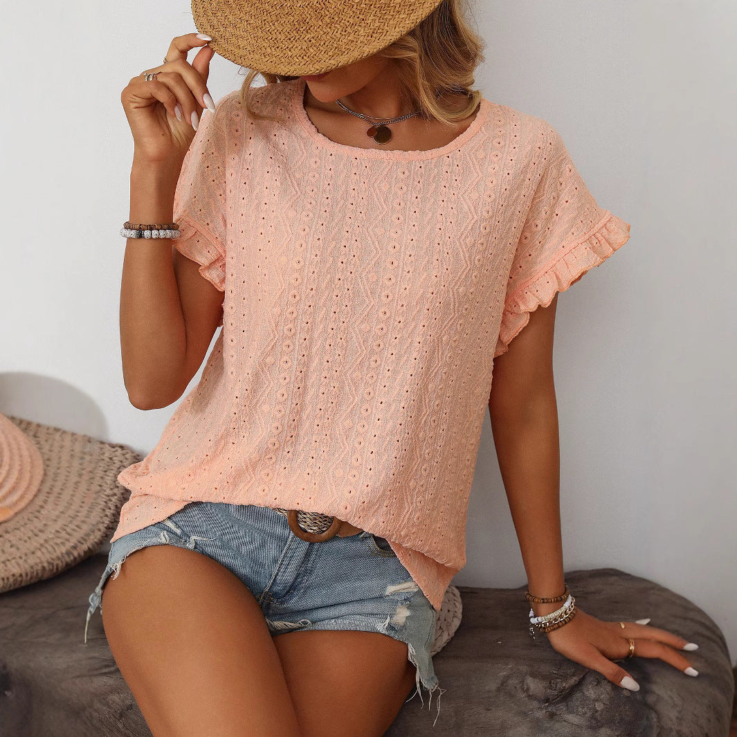 Solid Color Crew Neck Sweet Short-sleeved T-shirt Hollow Top