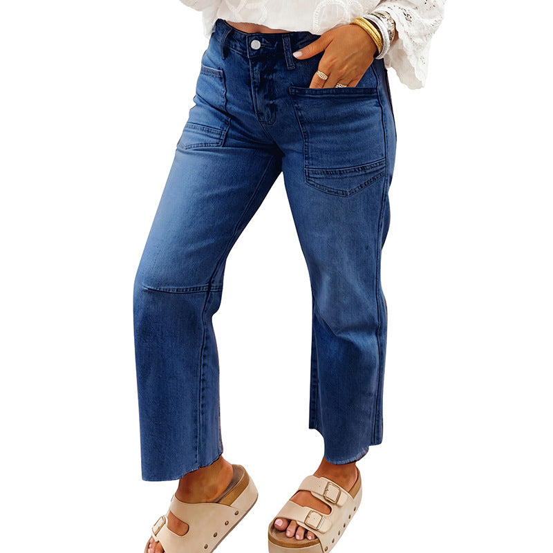 Women High Waist Jeans Big Pockets Slim Fit Skinny