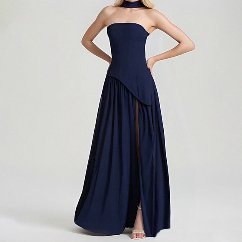 Women's Summer Elegant Slim Fit Solid Color Waist Split Dress