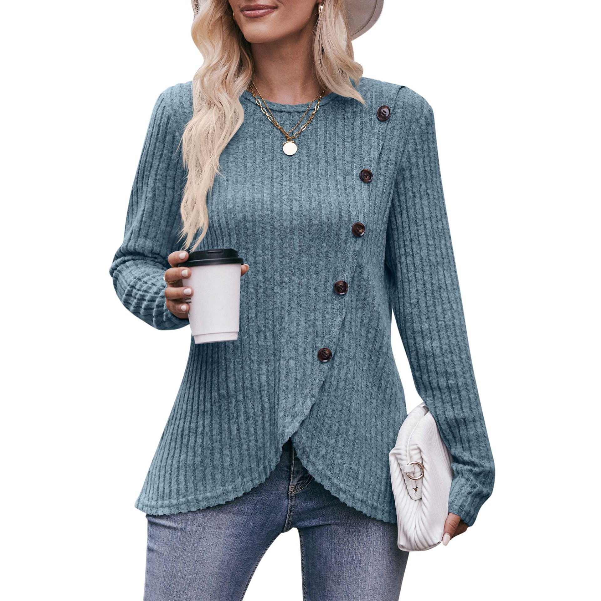 Women's Crew Neck Bottom Solid Color Button T-Shirt