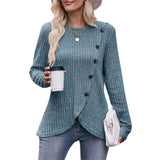 Women's Crew Neck Bottom Solid Color Button T-Shirt