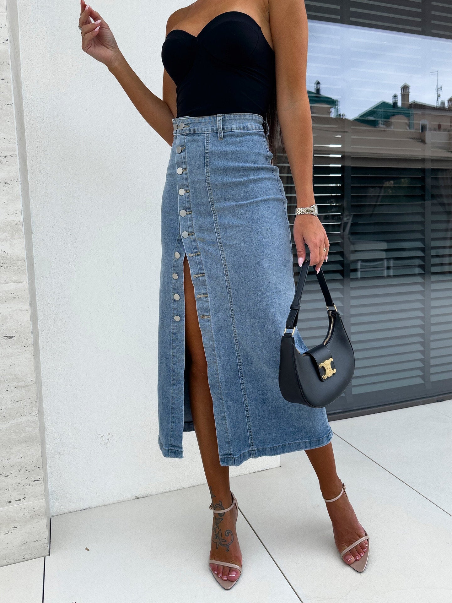 Women's Button Irregularly Split Denim Skirt