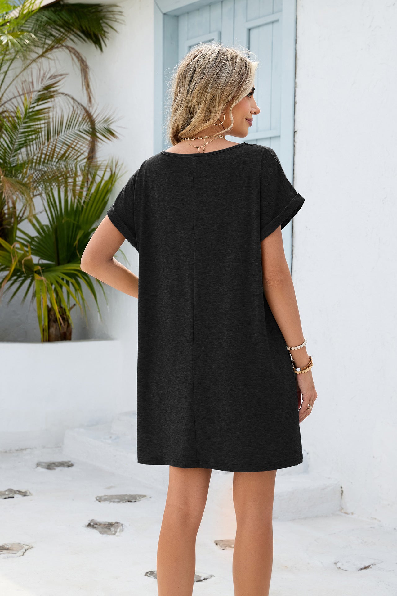 Women Solid Color V-Neck Lace Short Sleeve Pocket Dress