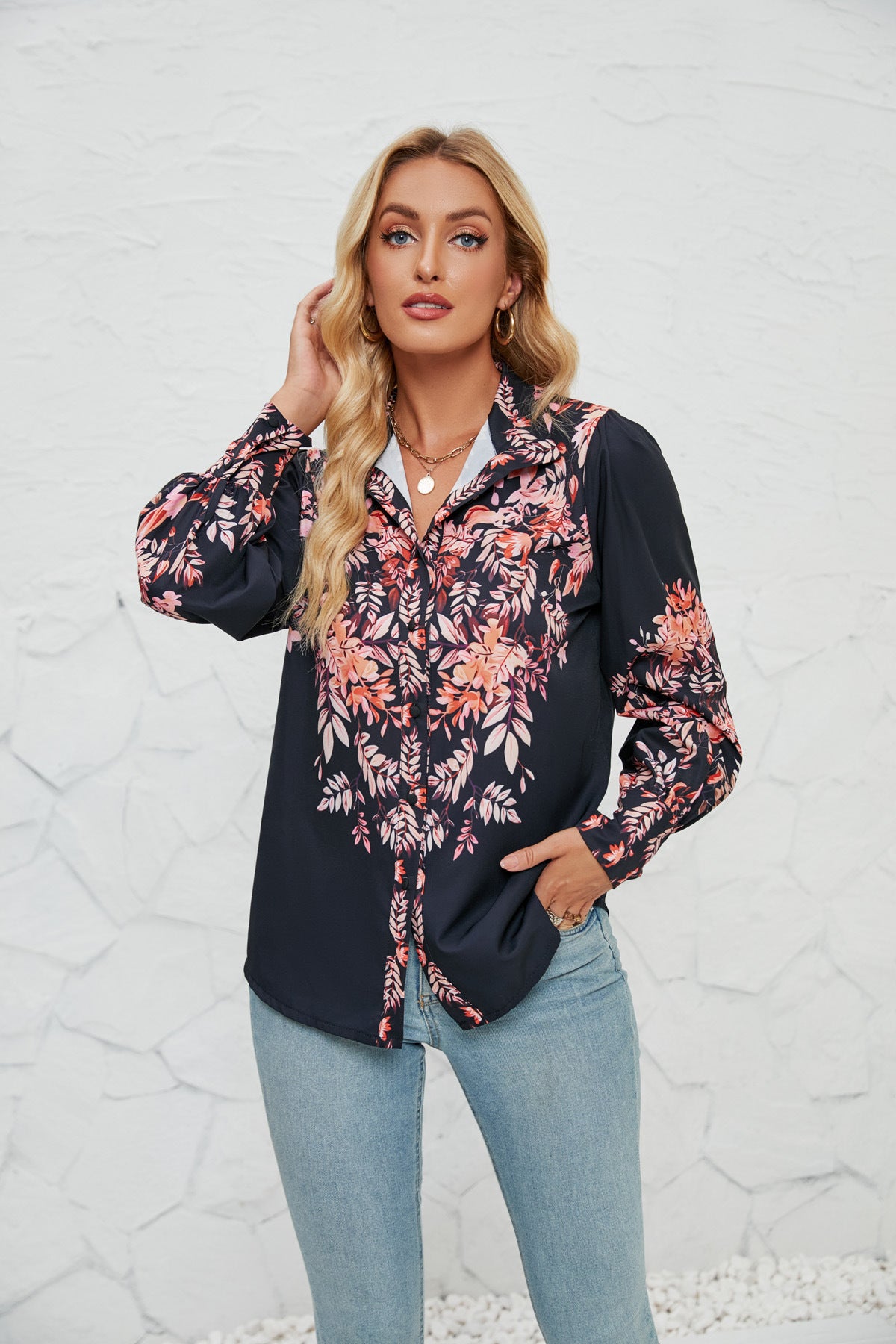 Women's Printed Long Sleeve Stand-Up Collar Fashion Casual Blouse