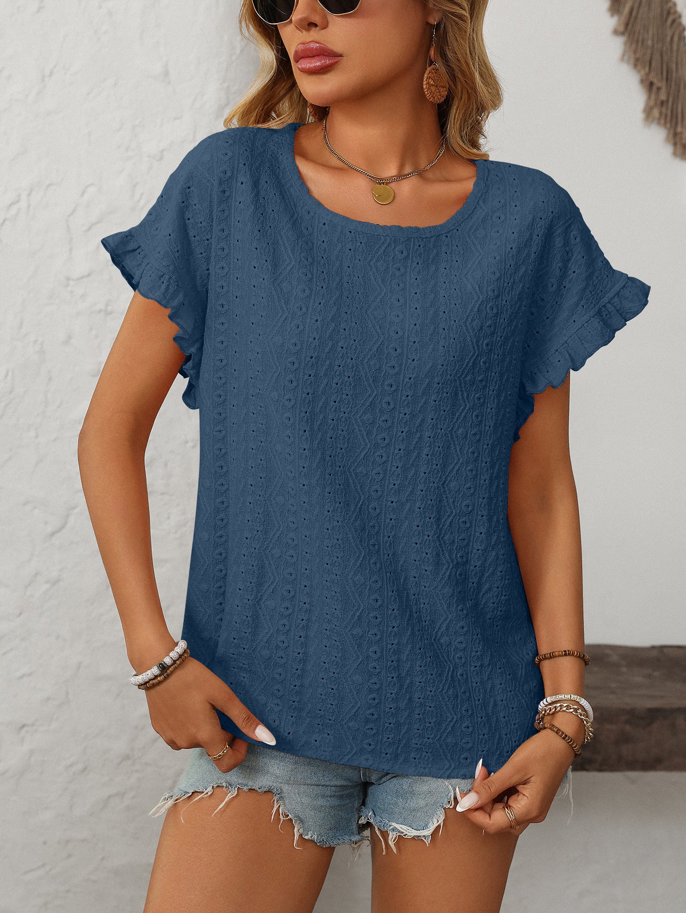 Solid Color Crew Neck Sweet Short-sleeved T-shirt Hollow Top