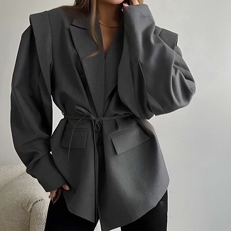 Women's Solid Color Lace-up Suit Collar Coat