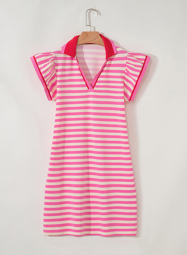 Women Pullover V-Neck Striped Short Dress