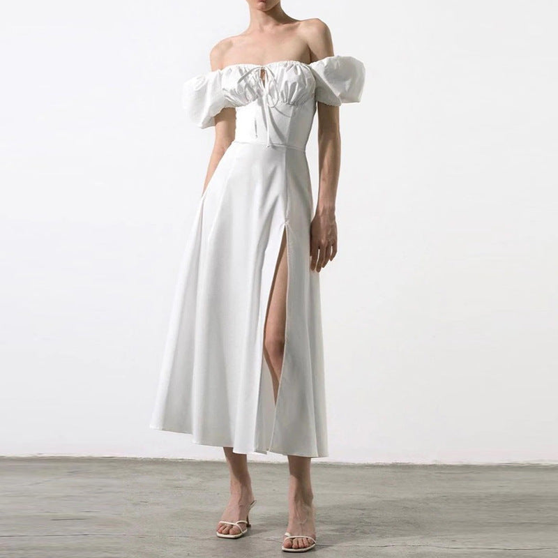 Women Solid Color Bubble Sleeve Strap Dress