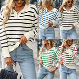 Women's knitted striped sweater lapel casual top