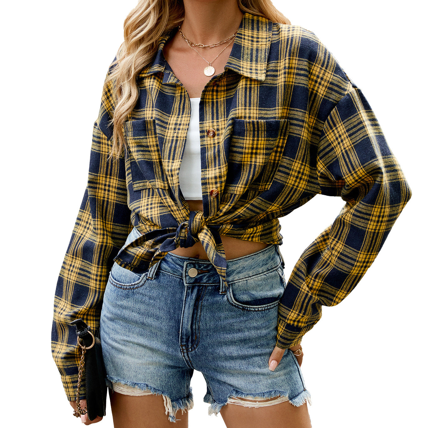 Lapel Long Sleeve Pocket Button Plaid Shirt Top Women